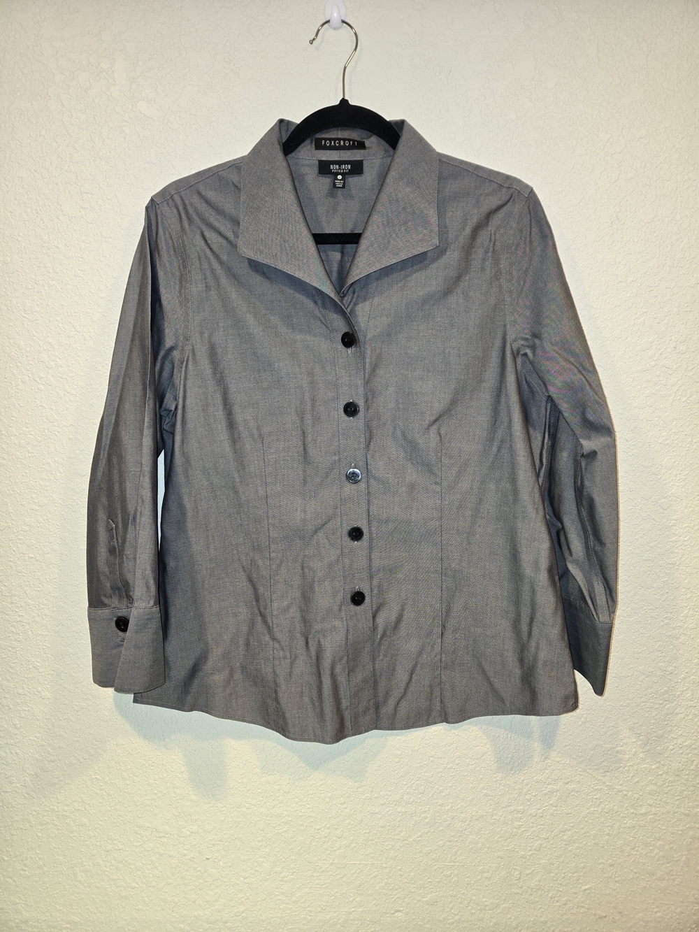Foxcroft Size 12 Gray Button-Front Stretch Shirt Jacket